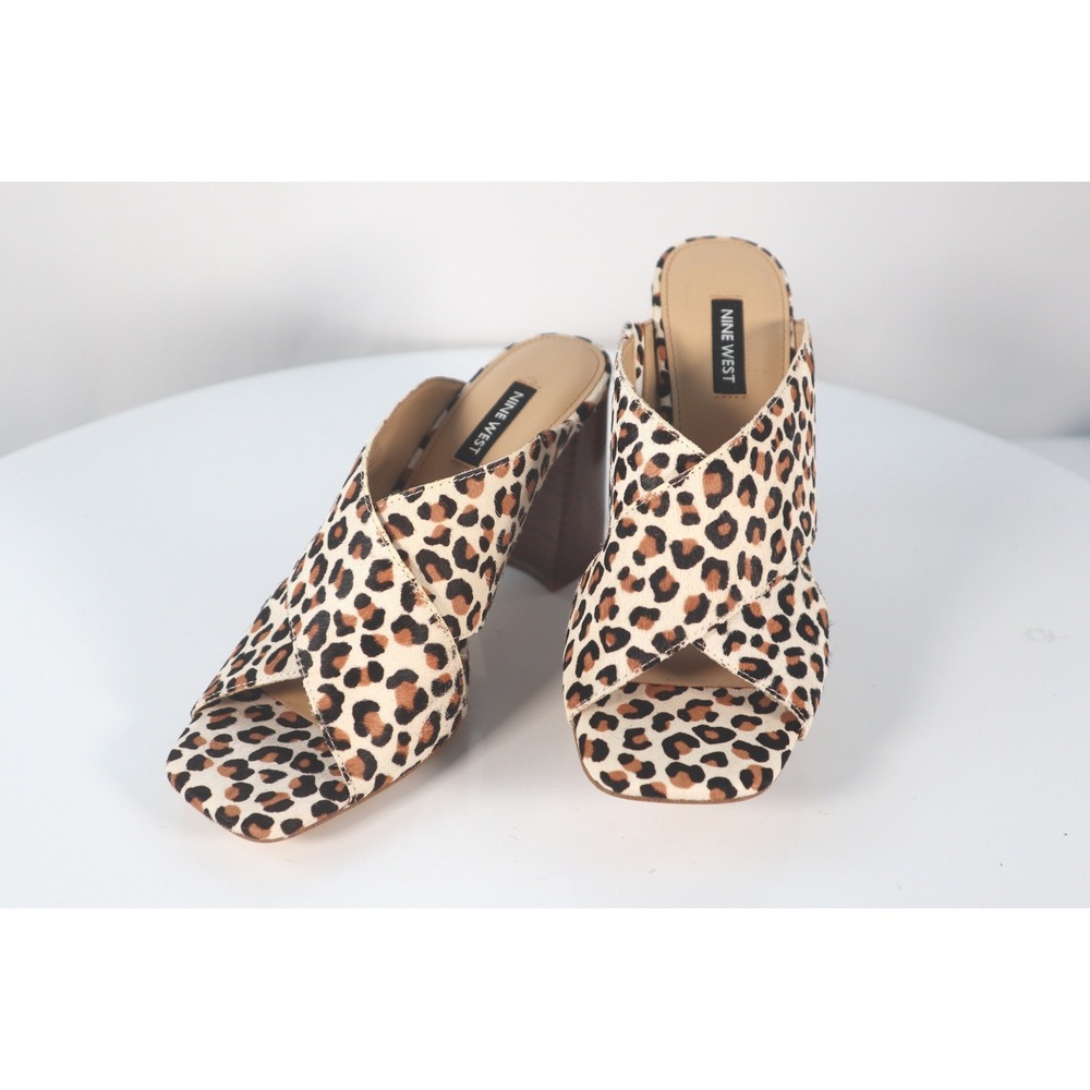 Nine West Leopard Print Real Cow Fur Block Heel Mules Square Toe Sandals 8M